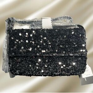 Nicole Miller Black Sequin Shiny Strap Shoulder Bag Purse Logo Formal Dressy New